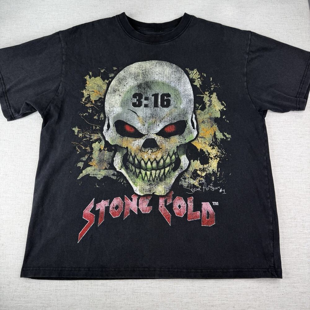 Stone Cold Steve Austin Camo Skull T-Shirt Black Double Sided WWE Wrestling Sz L